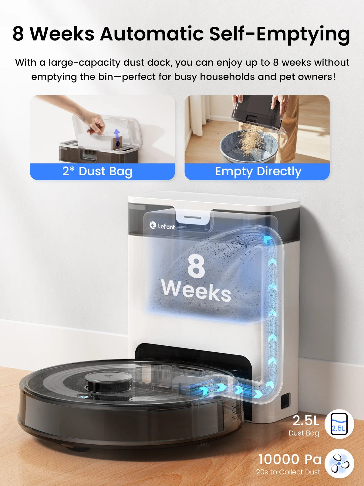 Lefant Robot Vacuum Cleaner with Automatic Emptying M2S Pro, 240 Minutes, Laser