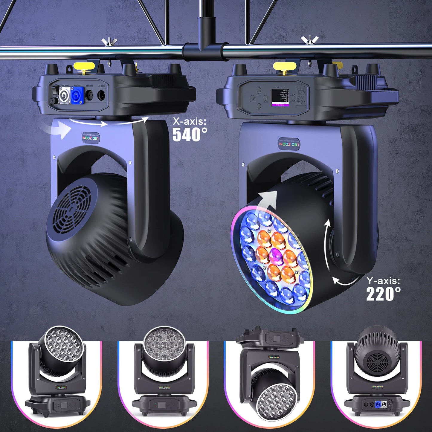 4Pcs 220W Moving Head Lights With Strip 19X8W RGBW LED Beam Wash Zoom Stage Lights