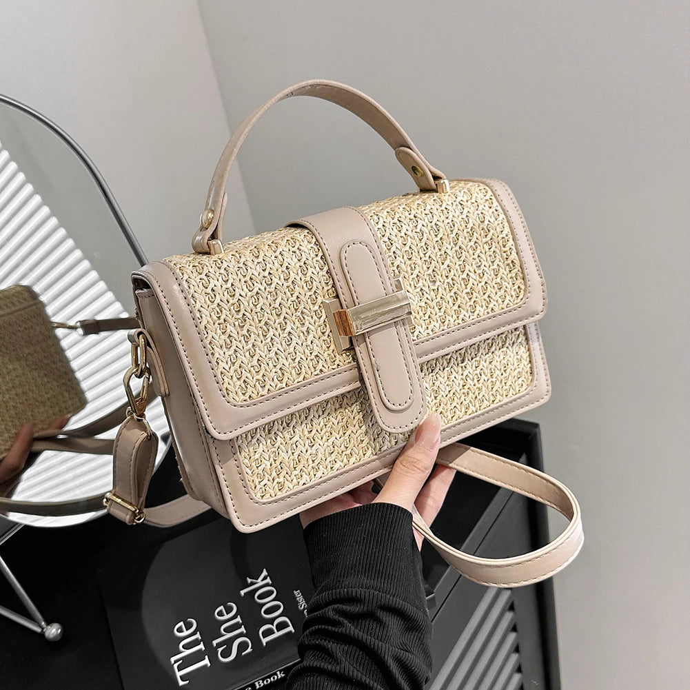 Leather Straw Crossbody Bag Flap Shoulder Bag with Adjustable Strap
