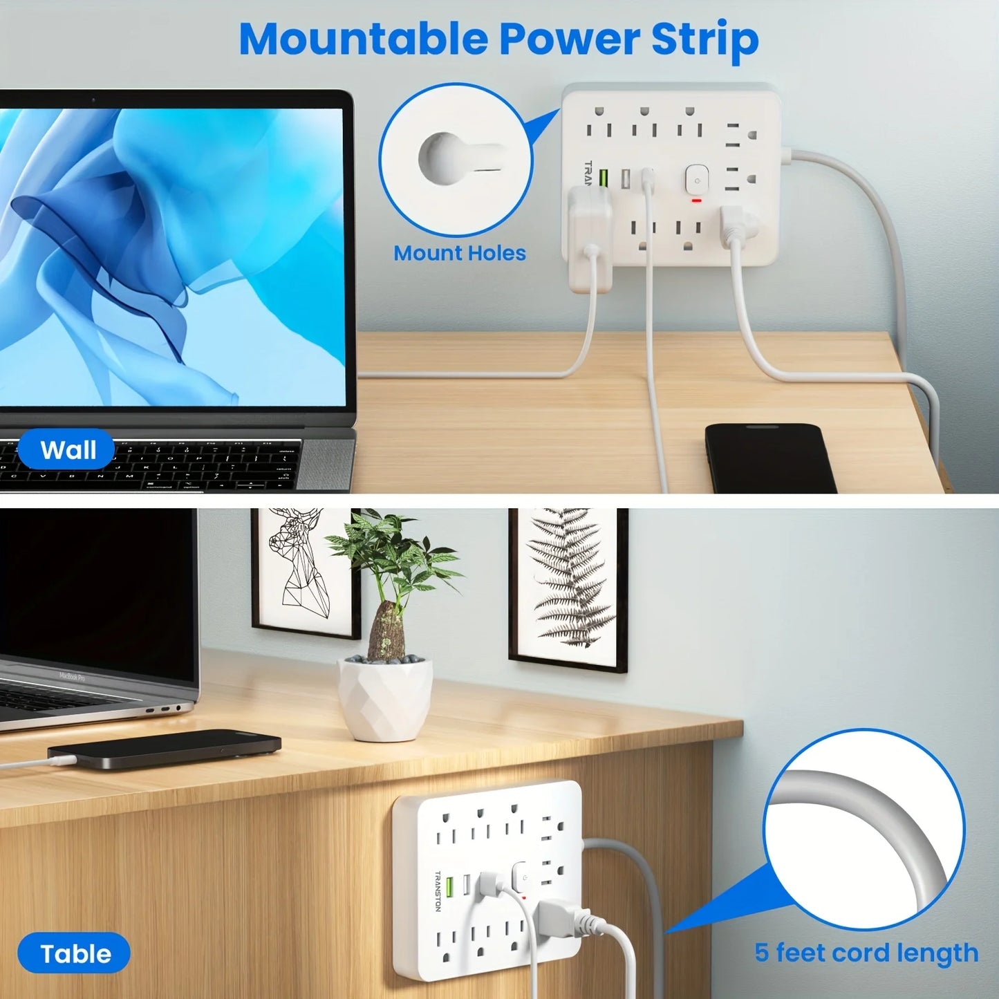 TRANSTON Power strip with Surge Protector, 9 power strip 3 USB Ports,