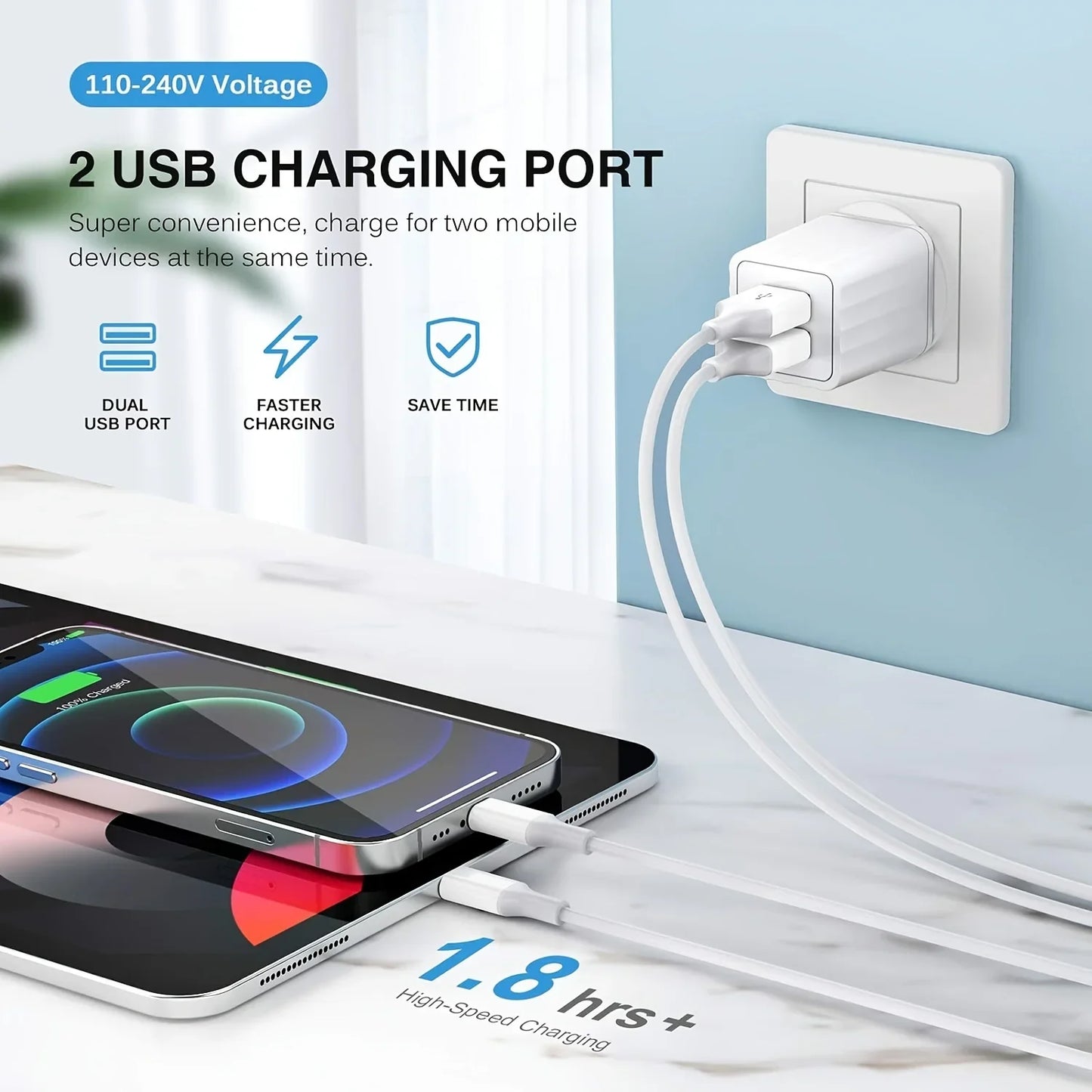 2.1A Dual Port USB Plug Power Adapter Charger Block Plug Cube