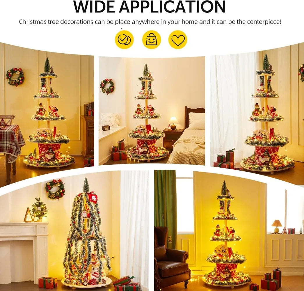 5.15Ft Christmas Tree, 5 Tier Christmas Tree with Shelves-Wooden Christmas Village Tree,