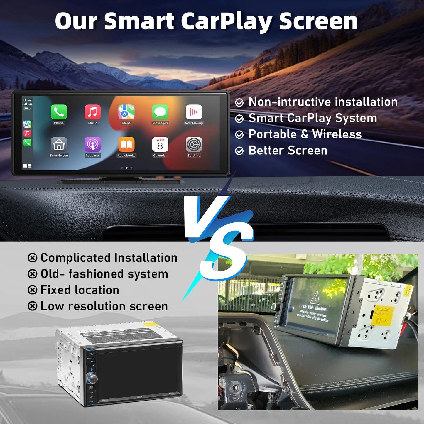 Portable Wireless Carplay Car Stereo, 10.26" inch HD Touchscreen