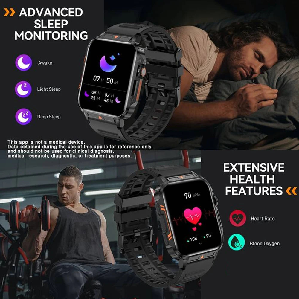 Military Men Smart Watch Bluetooth Call 24/7 Heart Rate Monitor