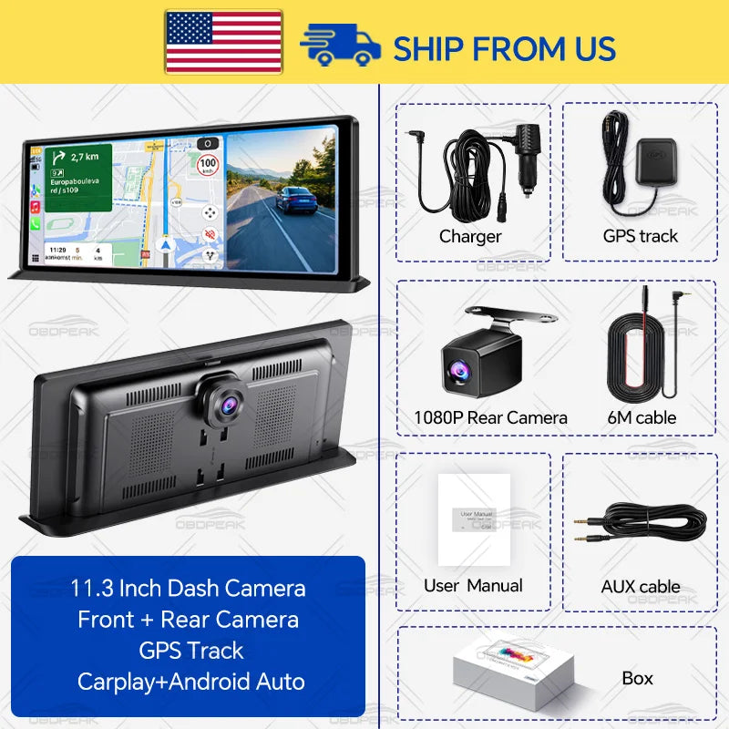 Dash Cam 4K Car DVR Wireless Carplay & Android Auto GPS Navigation