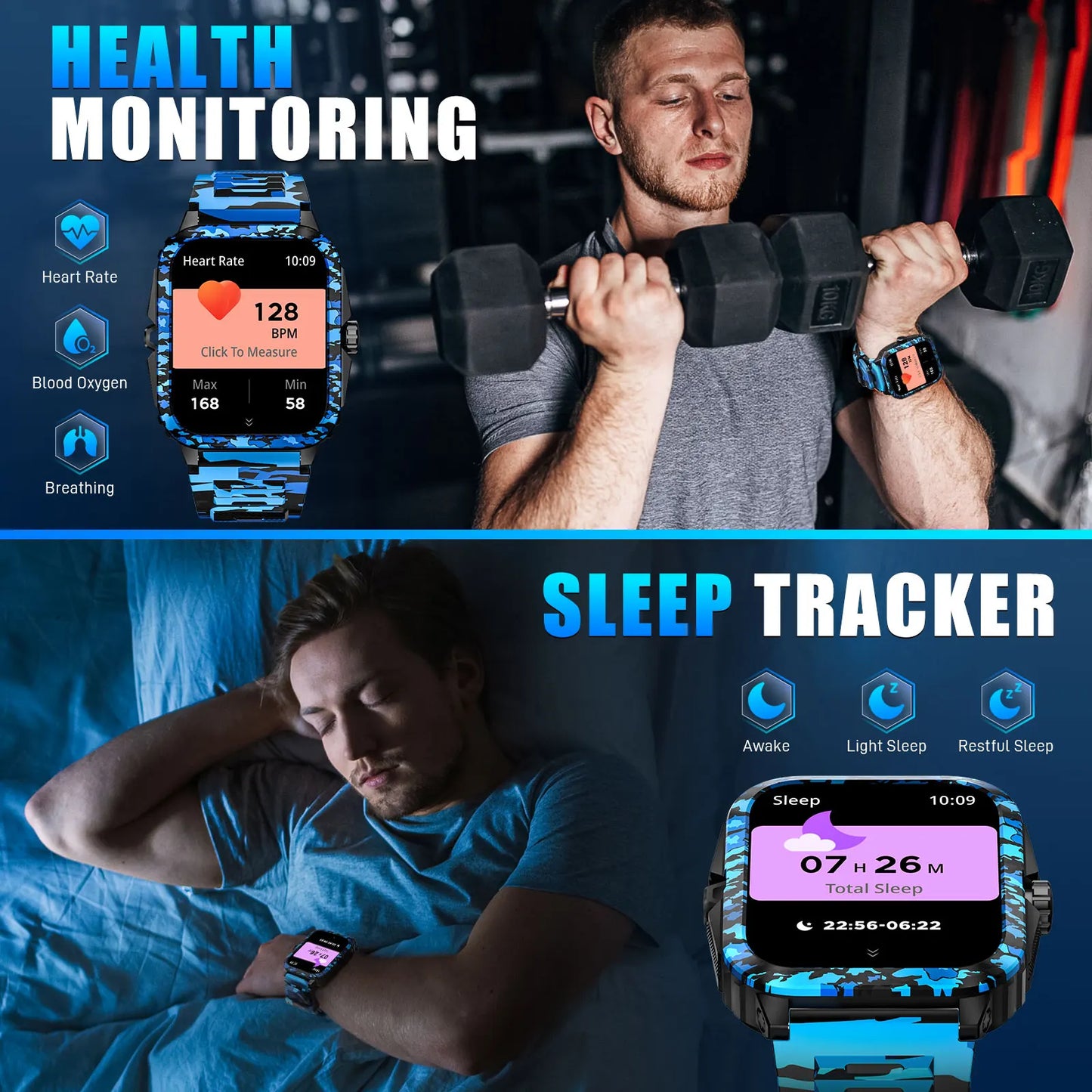 Smart Watch 3ATM Waterproof Men 1.96" KT71 Fitness Tracker Heart Rate Bluetooth