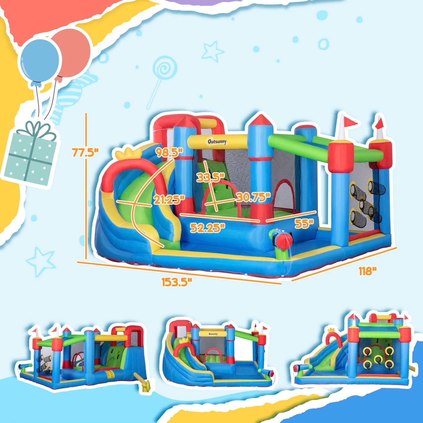 6-in-1 Inflatable Bounce House Outdoor Toy, Inflatable Water Slide for Kids
