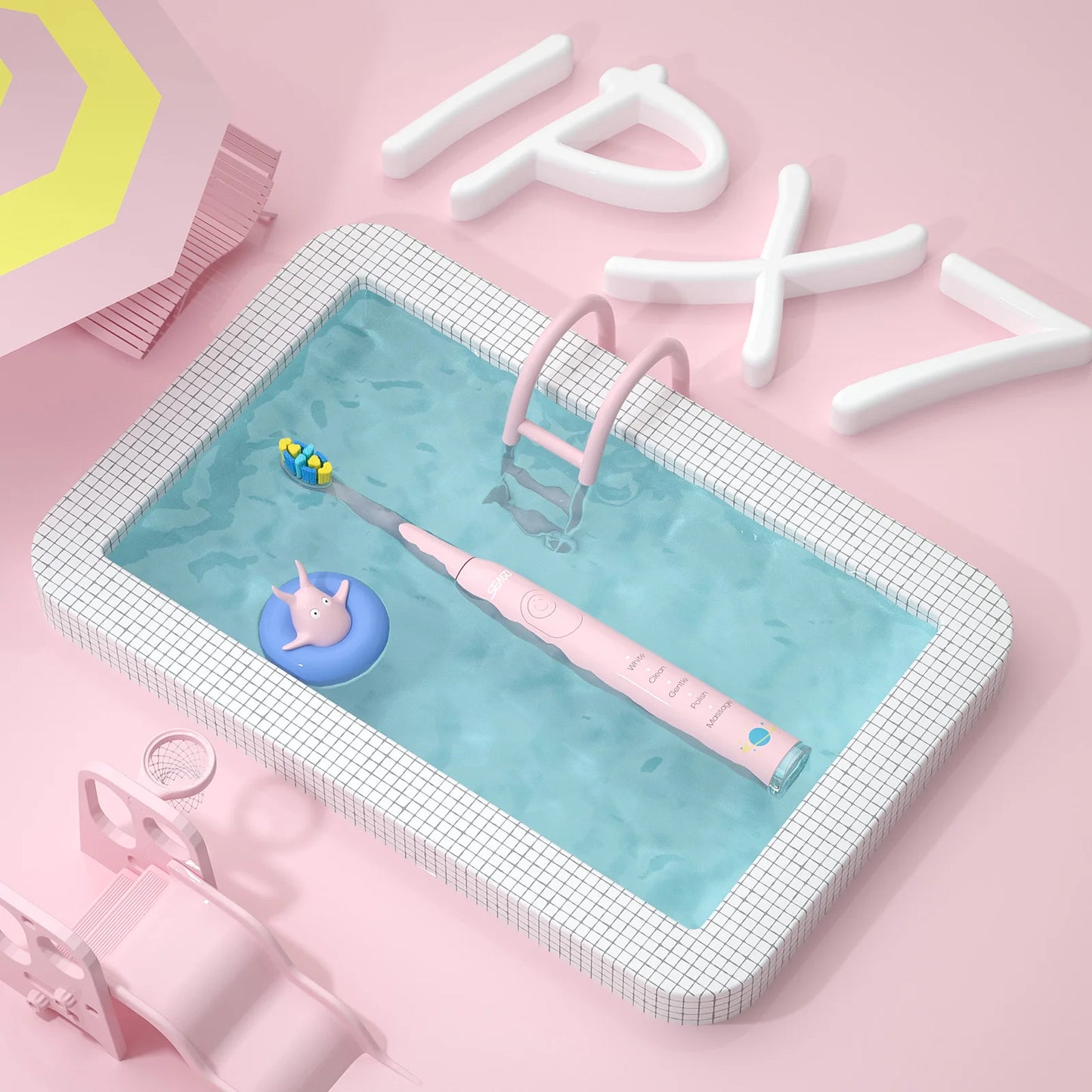 Children Electric Toothbrush with 8 Replacement Heads DIY Stickers 5 Cleaning Modes Blue Pink Yellow 3 Colors Soft Bristles