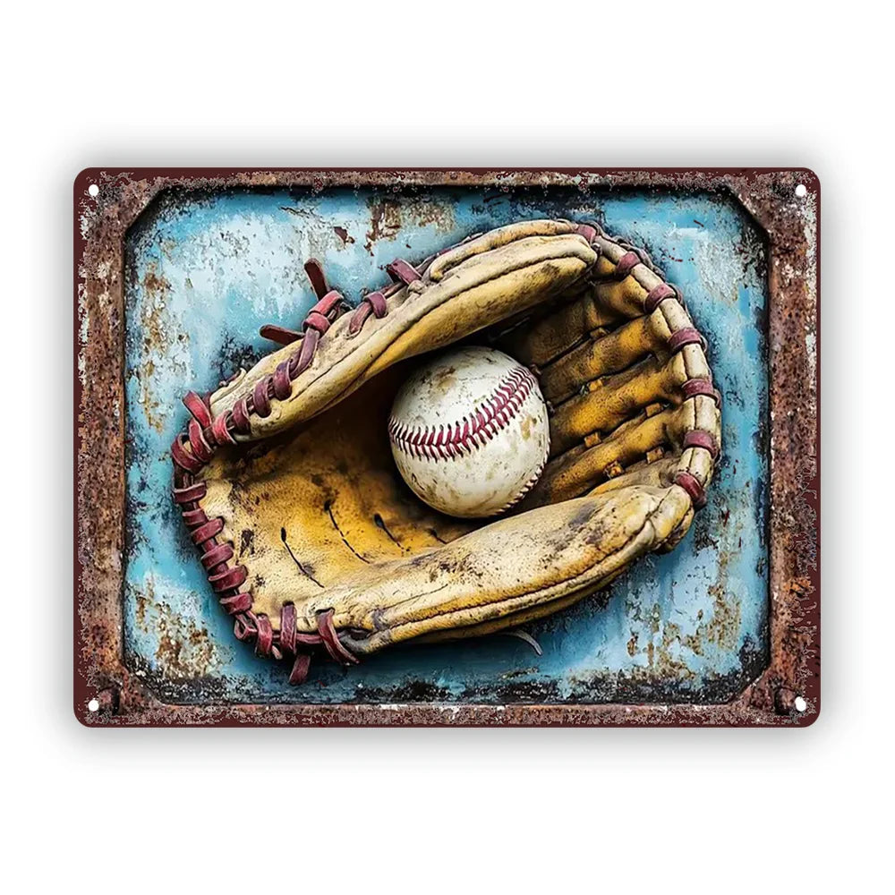Baseball Glove & Ball Aluminum Metal Sign - Office, Bar Decor