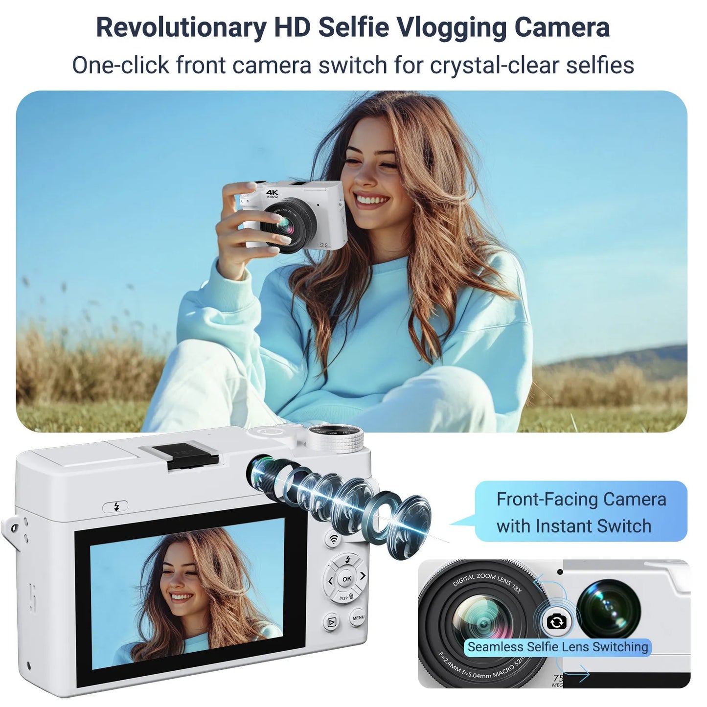 4K Digital Camera - 75MP Front & Rear with Autofocus & Anti-Shake,