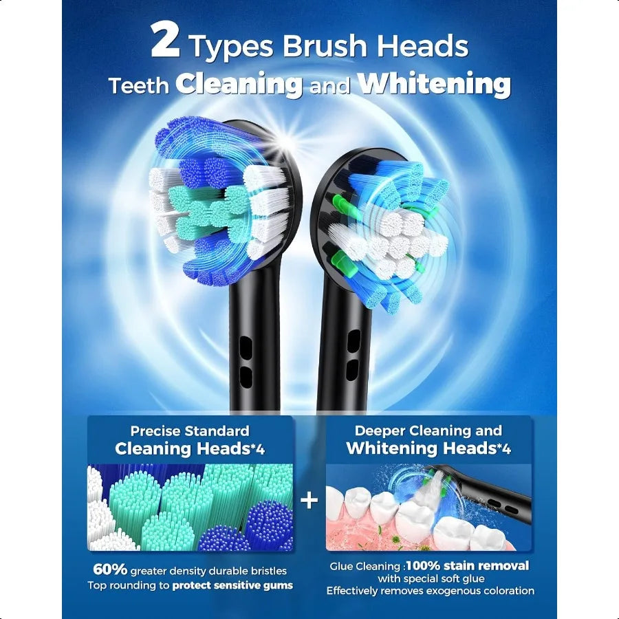 Rotating Electric Toothbrush for Adults with 8 Brush Heads 2 Types 4 Modes Deep