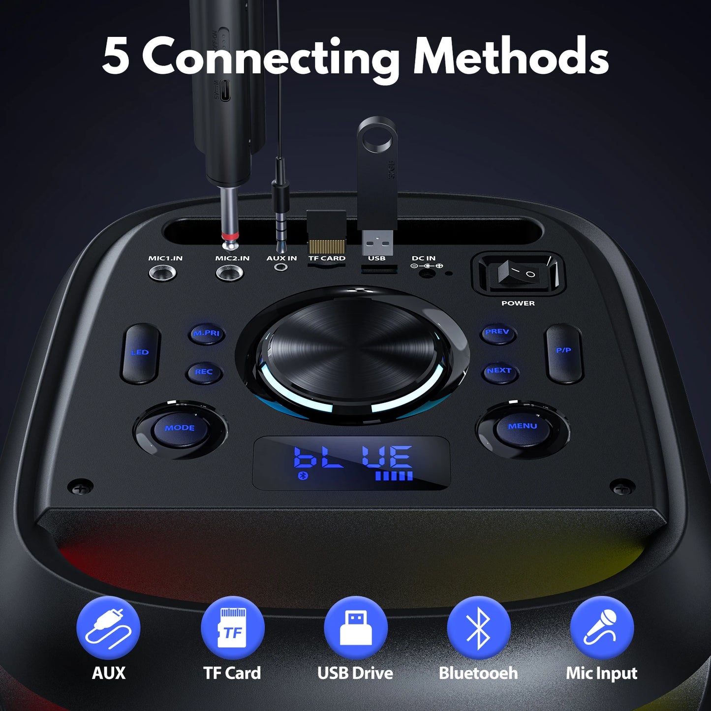 JYX Large Party Speaker, Wireless Bluetooth Speaker with Microphone, LED Party Light