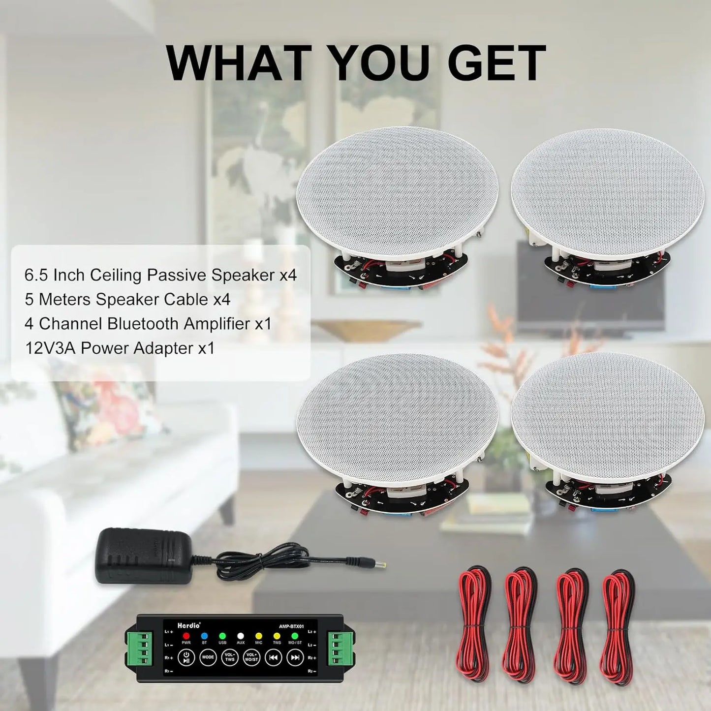 4PCS 6.5" 600 Watts Bluetooth Ceiling Speakers Wired Home Recessed Speaker