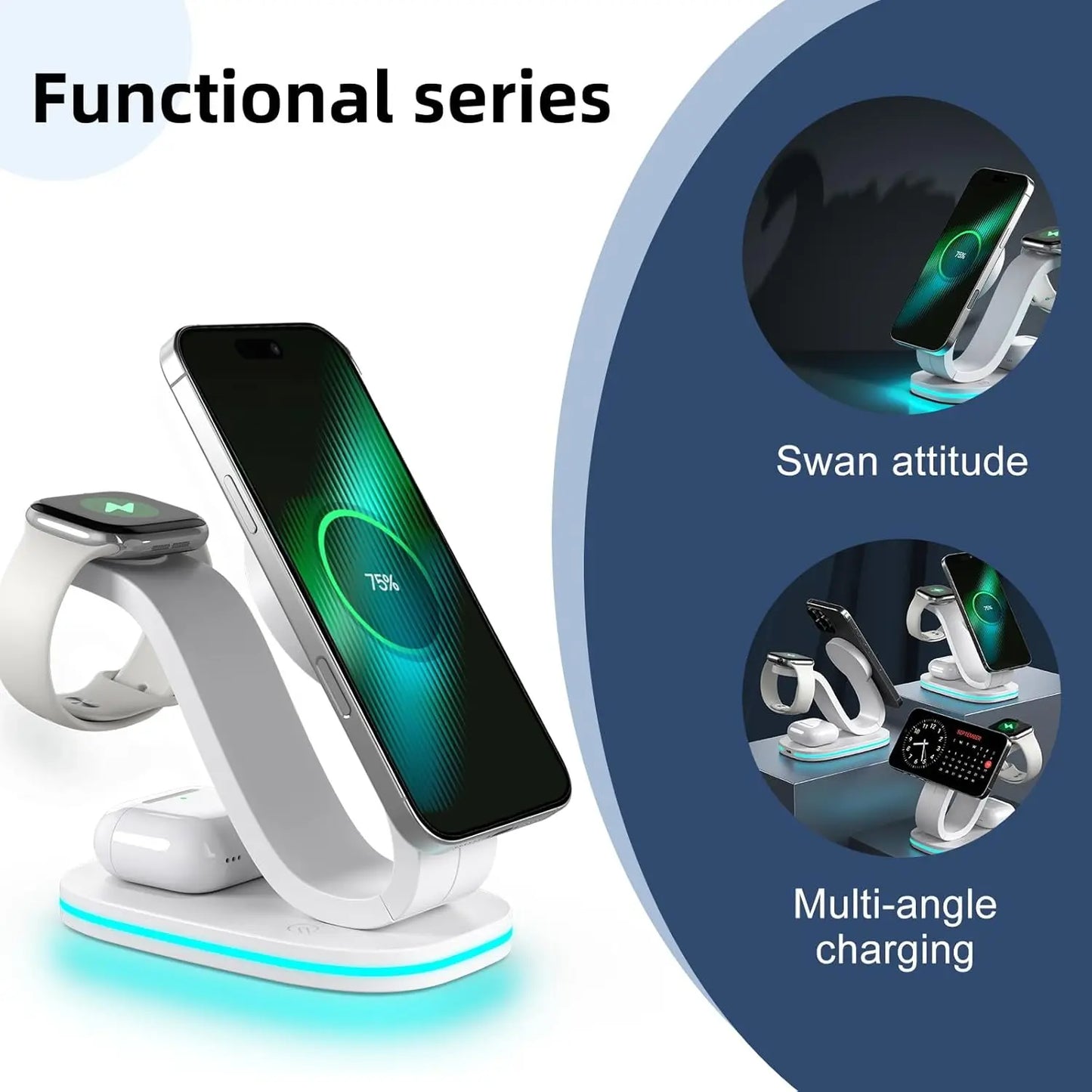 3-in-1 Fast 15W Wireless Charging Station for iPhone 17 16e 16 15 14 13 12 11 X Pro Max, Apple Watch, AirPods, 35W Adapter Included, White