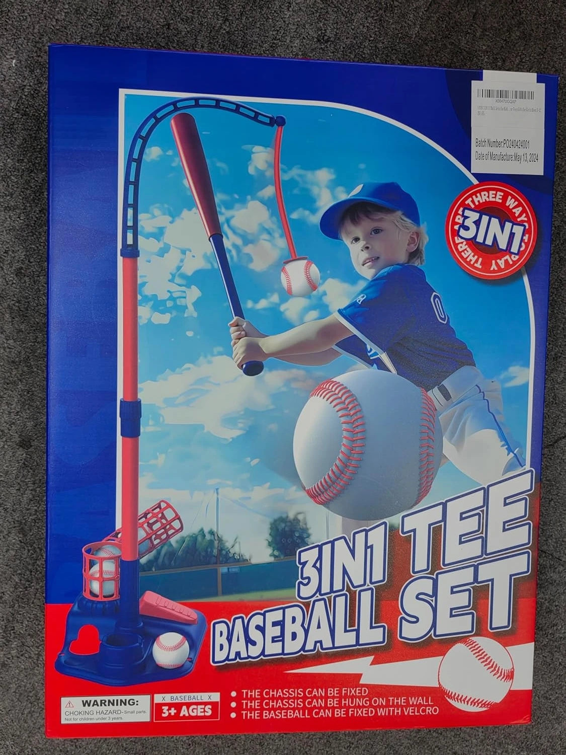3-in-1 T Ball Sets Kids Toy with 6pcs Baseballs Stand Hanging Tee