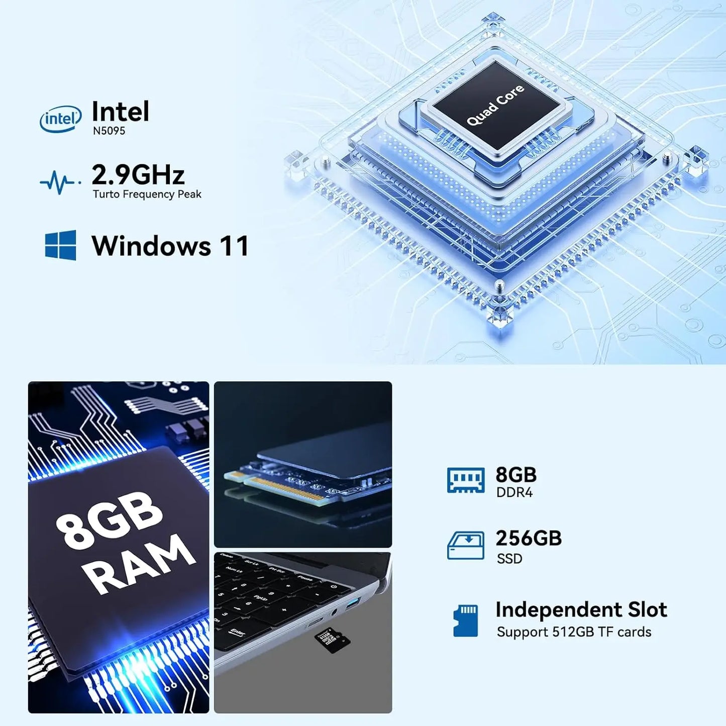 15.6"Laptop Computer Windows 11 Quad-Core Celeron N5095 Processors Laptops IPS Display