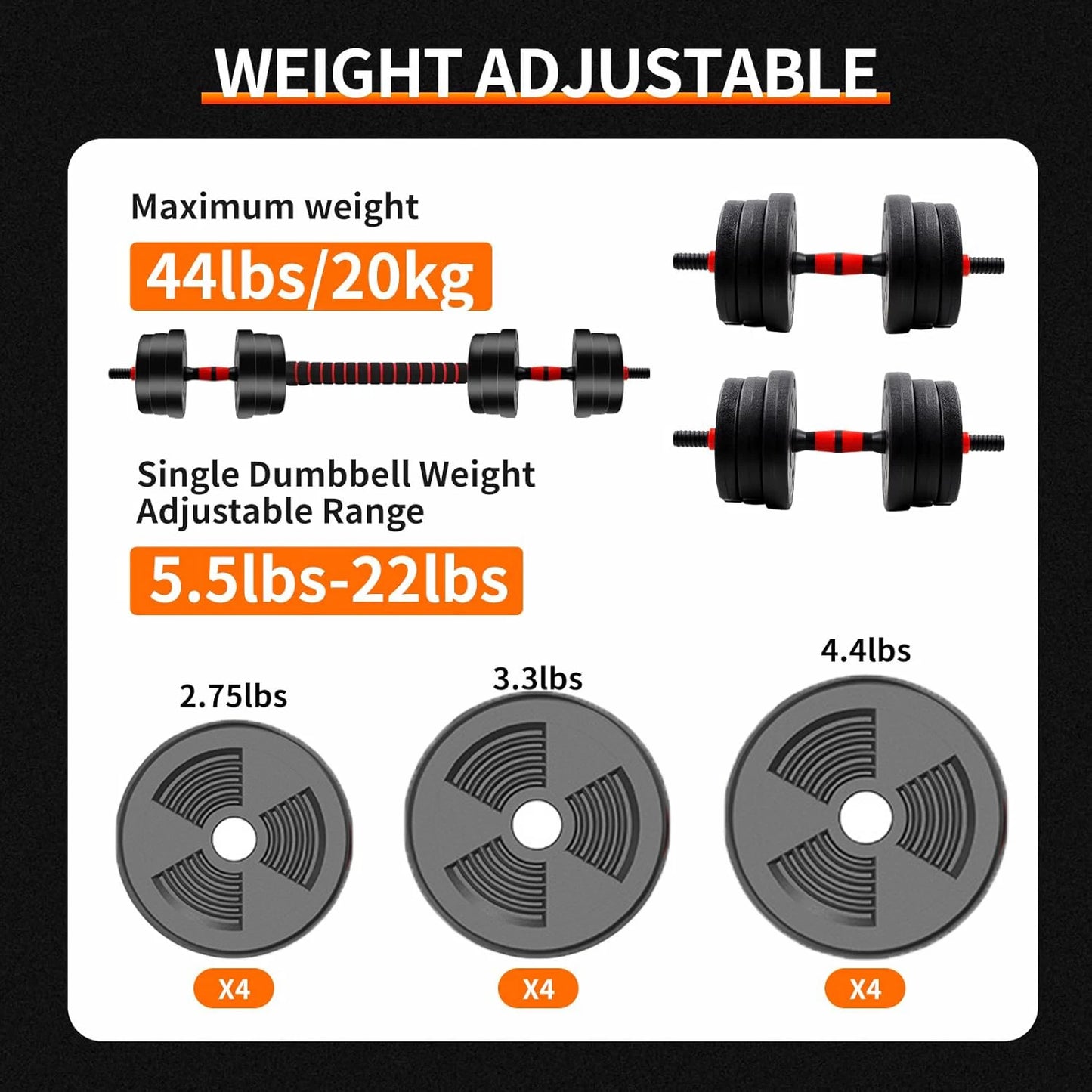 5-44lbs Adjustable Dumbbell to Barbell Set, Anti-Slip Grip, Versatile Home Gym