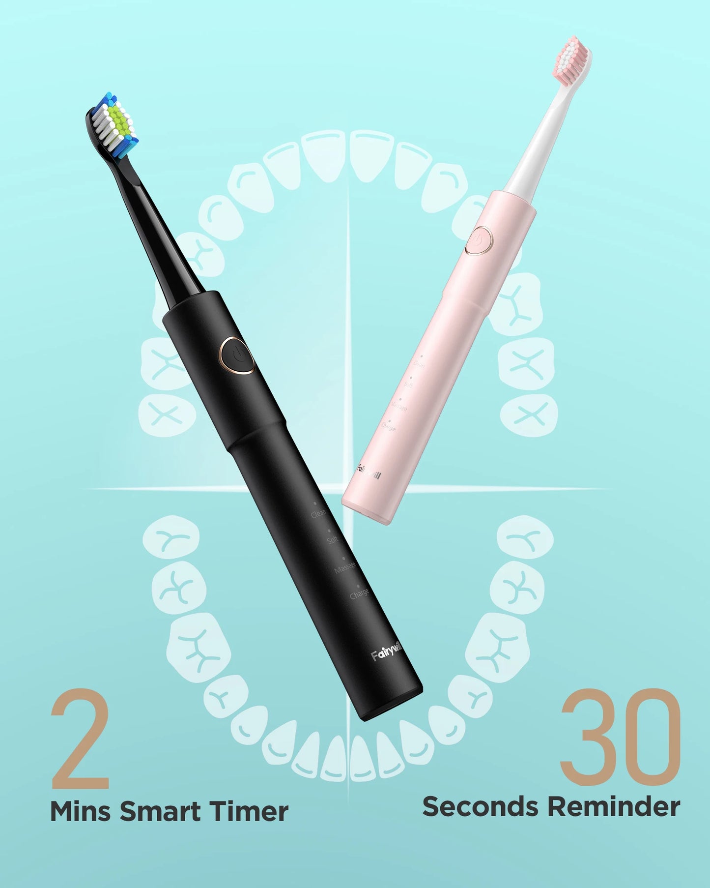 Sonic Electric Toothbrush E11 Waterproof USB Charge With 8 Brush Replacement Heads Black and Pink Set for Couple