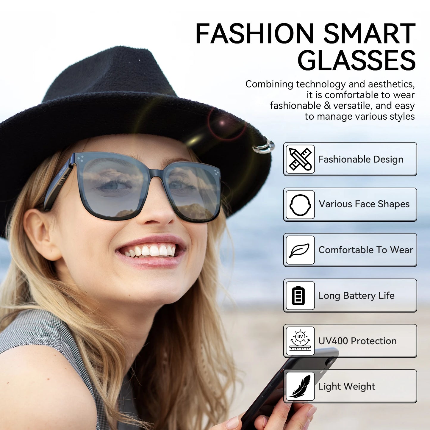 Smart Glasses voice control Bluetooth, Voice Assistant UV Protection Audio