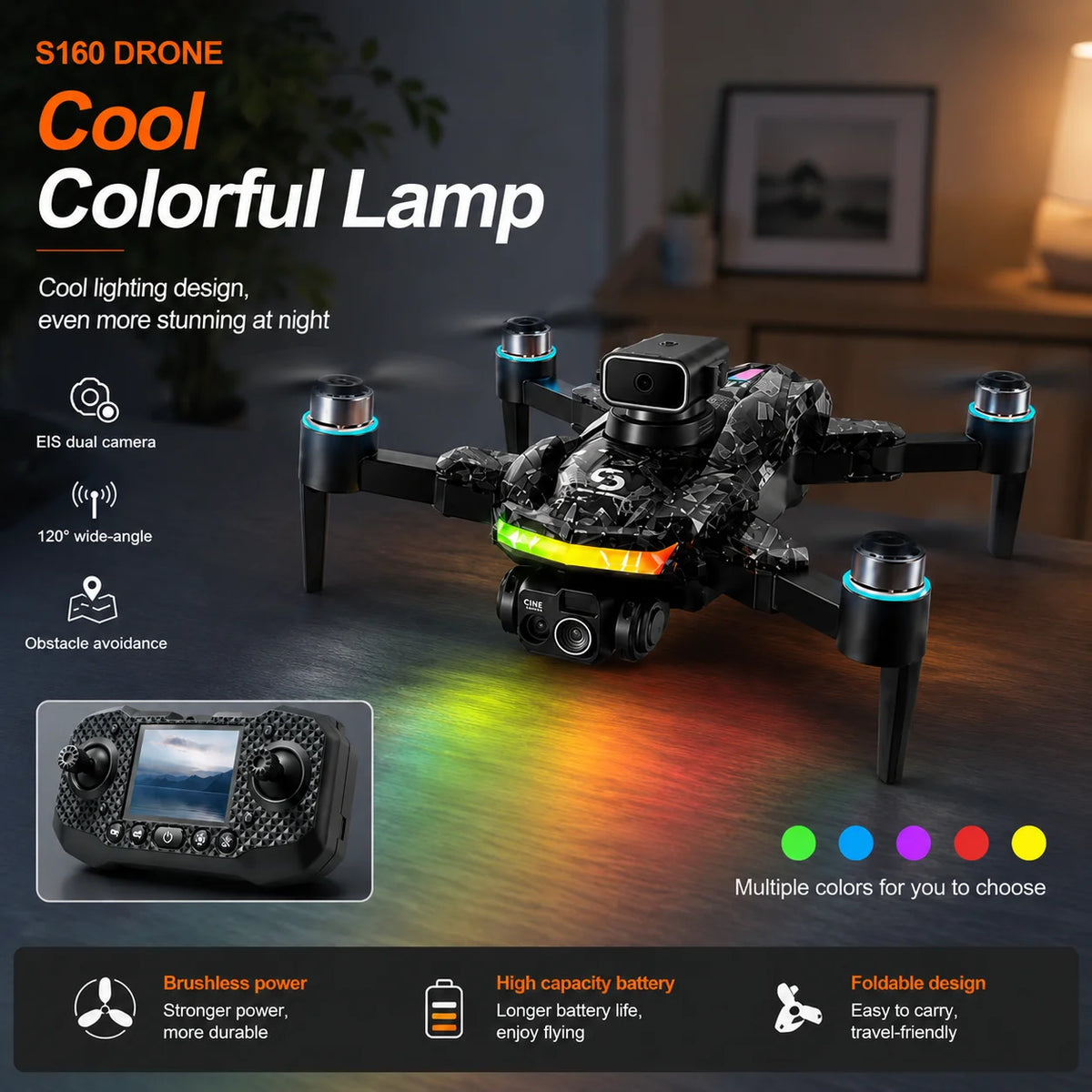 ZNLYRION S160 Foldable Brushless Drone with Screen Remote 360° Obstacle Avoidance EIS Dual Camera Optical Flow Positioning RGB LED Light RC Quadcopter