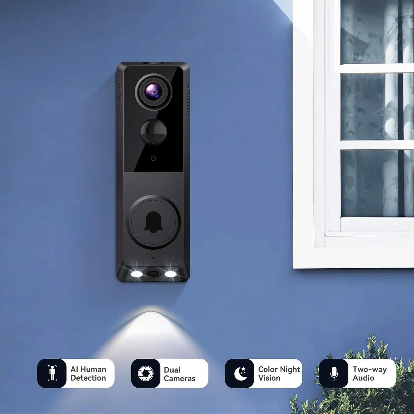1080P Dual Camera Wireless Video Doorbell with Doorbell Receiver, 2.4G Wi-Fi, Color Night Vision, Intelligent Alerts Powered by