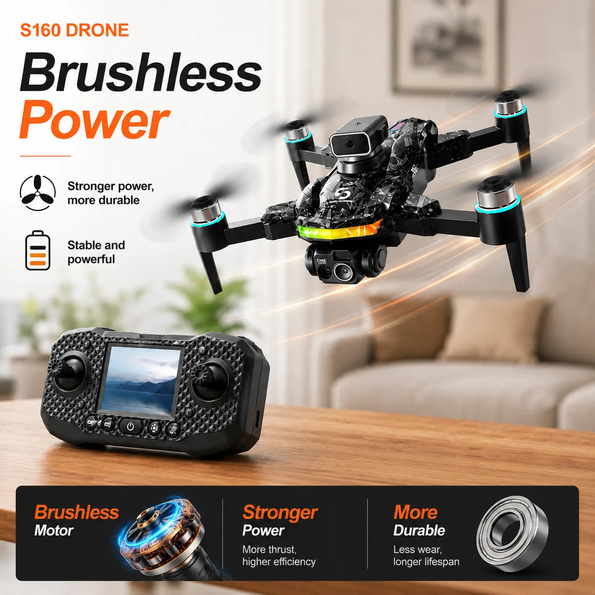 ZNLYRION S160 Foldable Brushless Drone with Screen Remote 360° Obstacle Avoidance EIS Dual Camera Optical Flow Positioning RGB LED Light RC Quadcopter