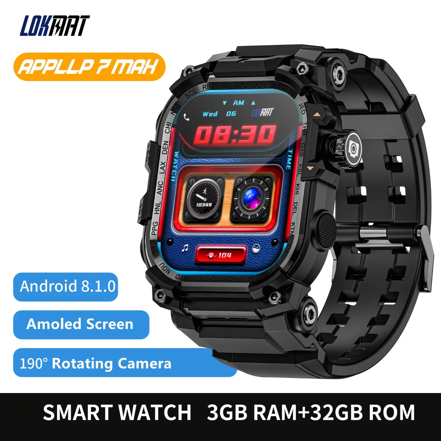 7 MAX Android Smart Watch Phone Amoled Touch Screen Rotating Camera Wifi 4G SIM Card Watch Outdoor Fitness Tracker
