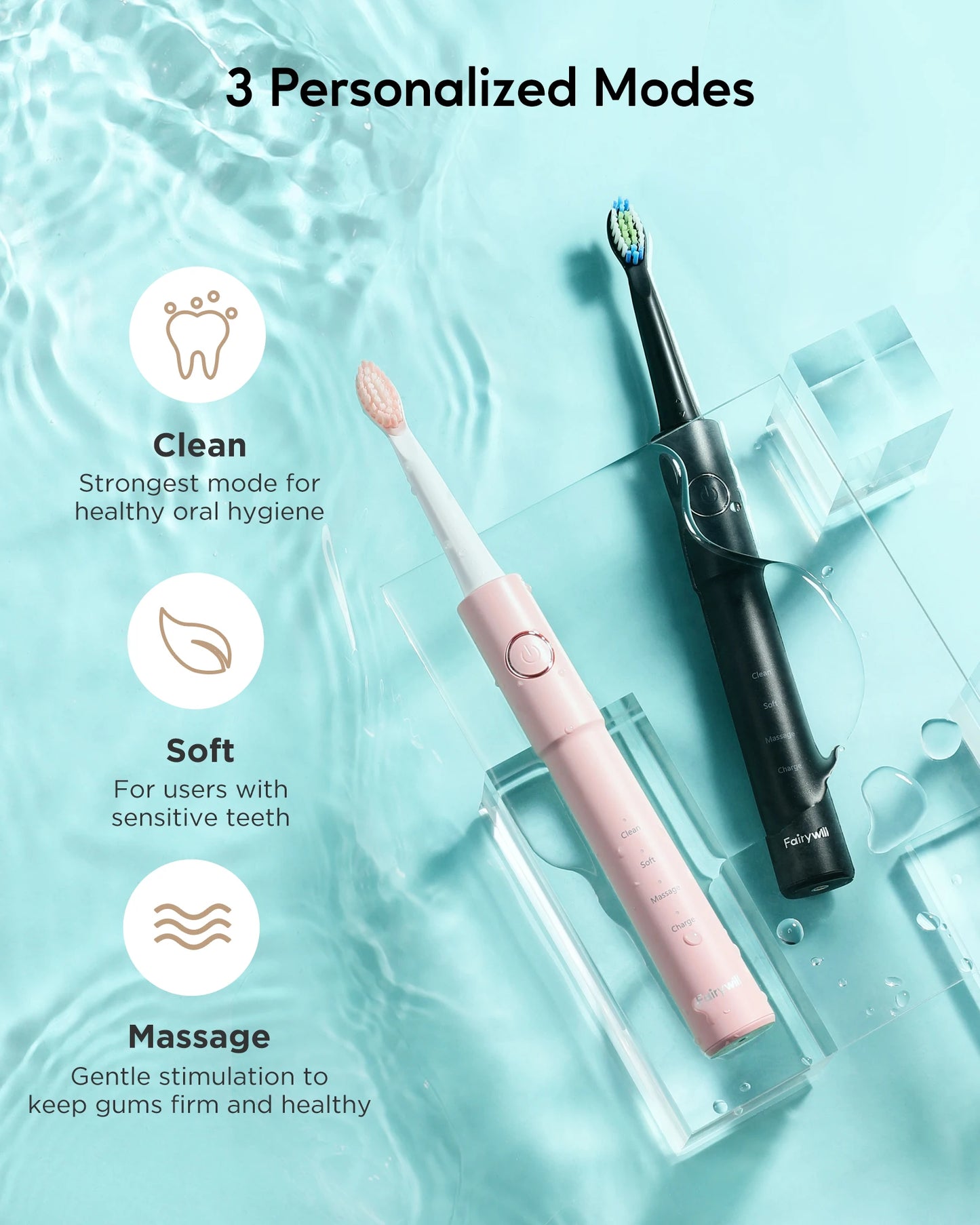 Sonic Electric Toothbrush E11 Waterproof USB Charge With 8 Brush Replacement Heads Black and Pink Set for Couple