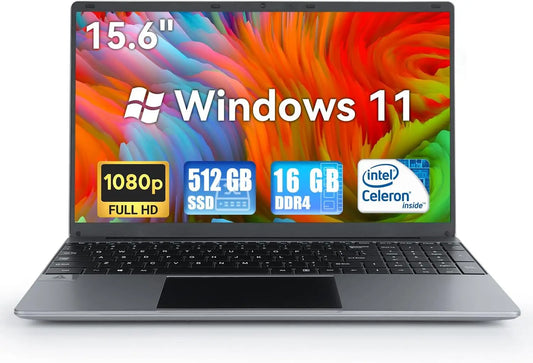 15.6 Inch Laptop Windows 11 Notebook 16G RAM 512GB SSD Quad-Core Intel
