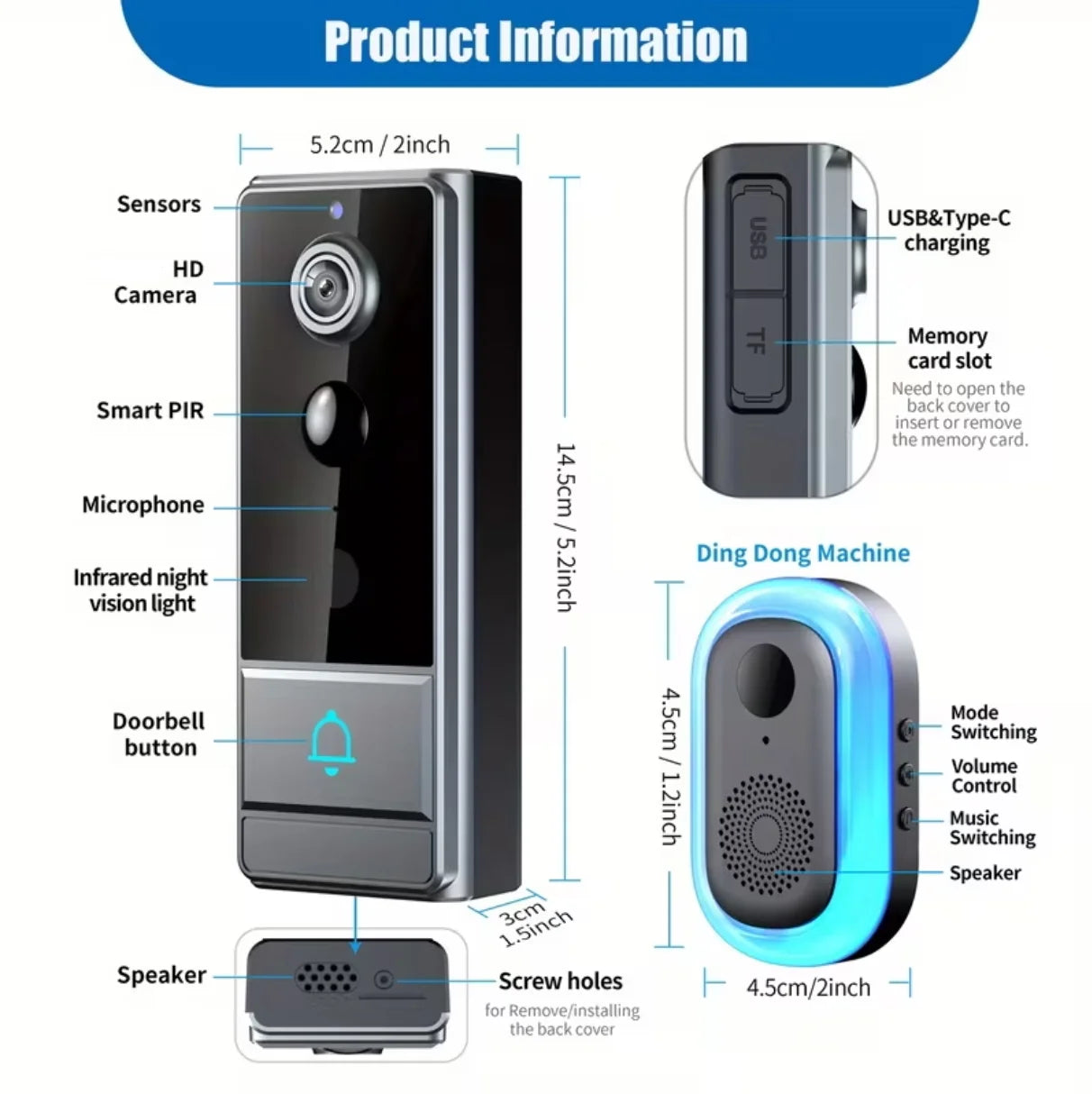 Wireless Smart Video Doorbell, Video Doorbell Camera, Home Security WiFi Doorbell Camera, PIR Motion Doorbell