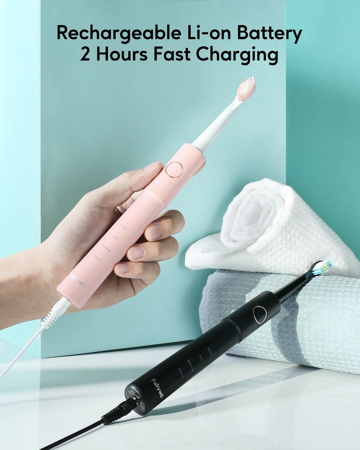 Sonic Electric Toothbrush E11 Waterproof USB Charge With 8 Brush Replacement Heads Black and Pink Set for Couple