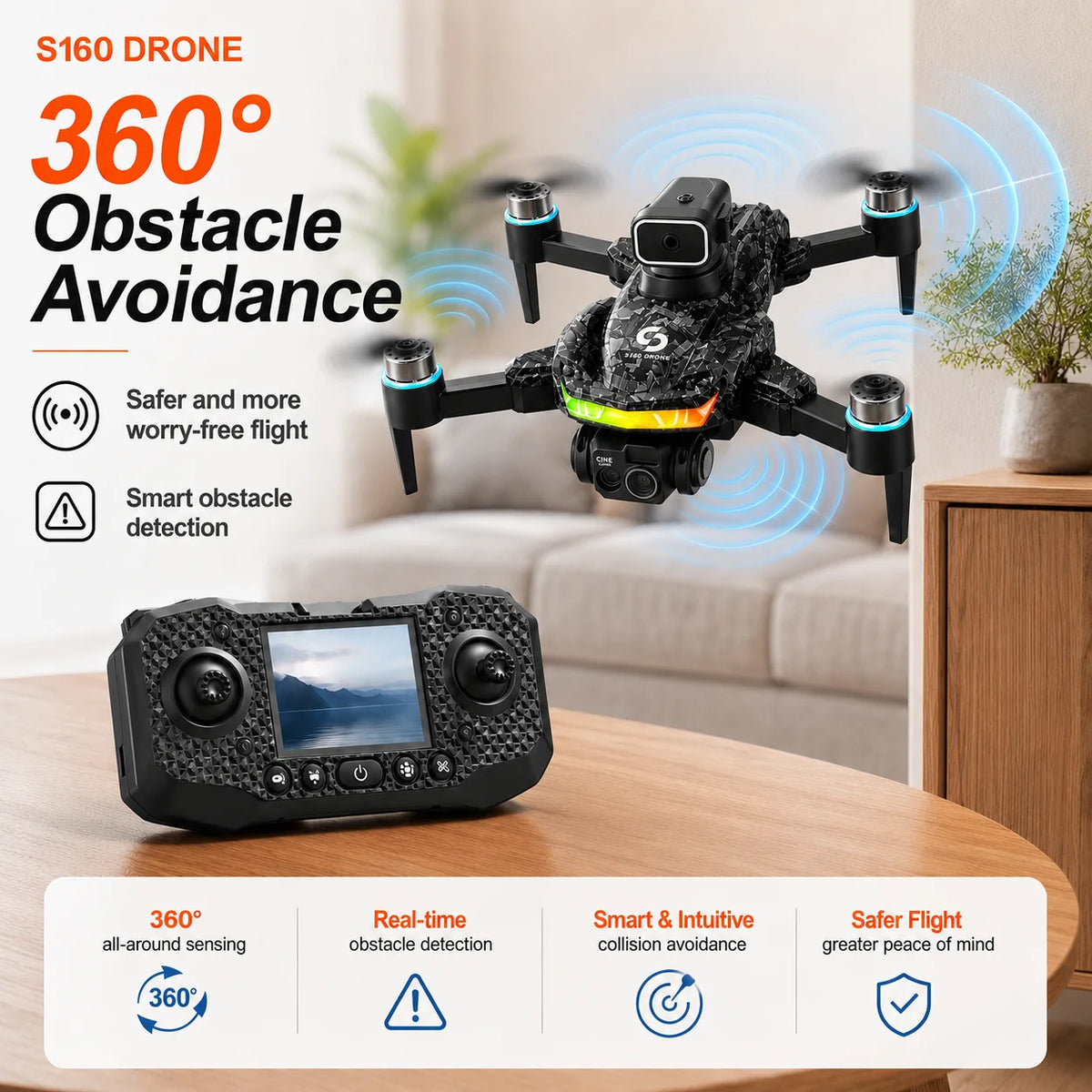 ZNLYRION S160 Foldable Brushless Drone with Screen Remote 360° Obstacle Avoidance EIS Dual Camera Optical Flow Positioning RGB LED Light RC Quadcopter