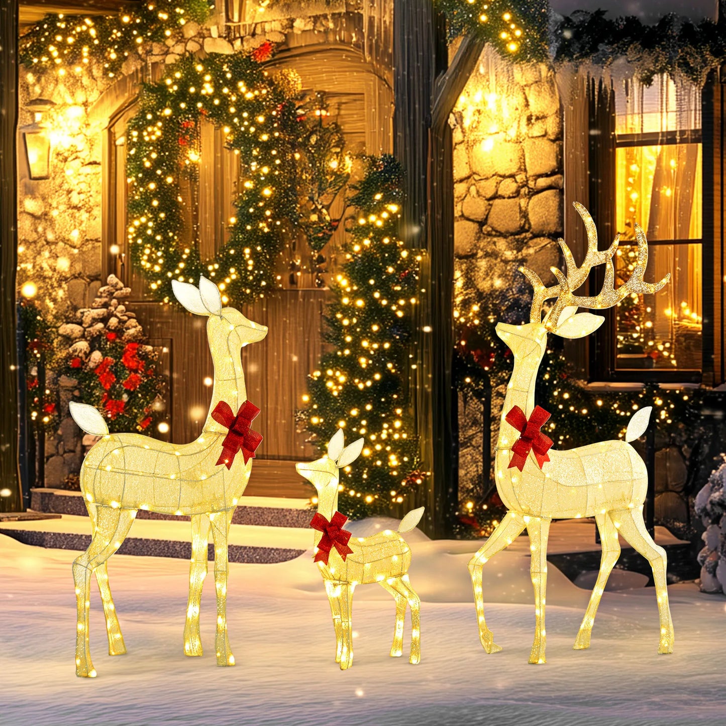 Outsunny Light up Christmas Deer Family Set of 3 with Led Lights Silver