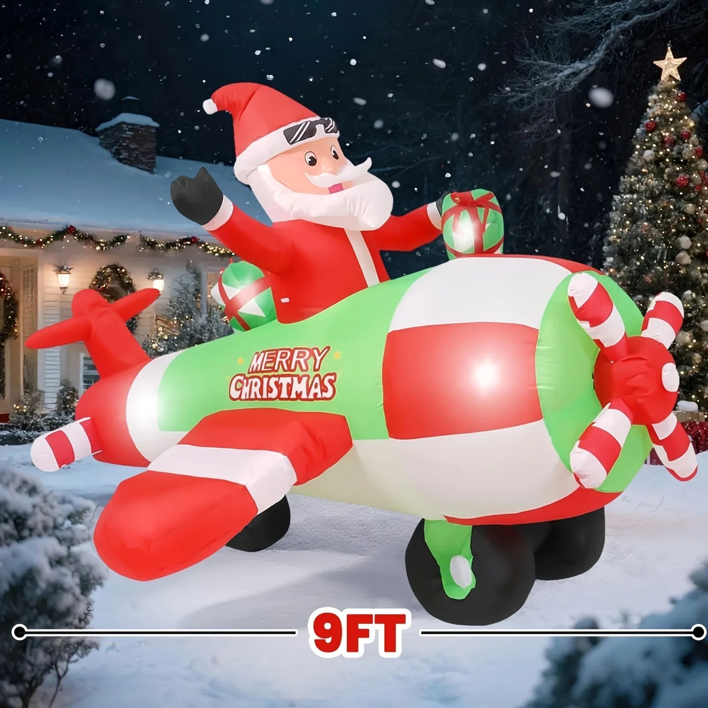 9FT Inflatable Decoration With Built-in LED Lights | Santa Pilot | Outdoor Christmas Lawn Decor,