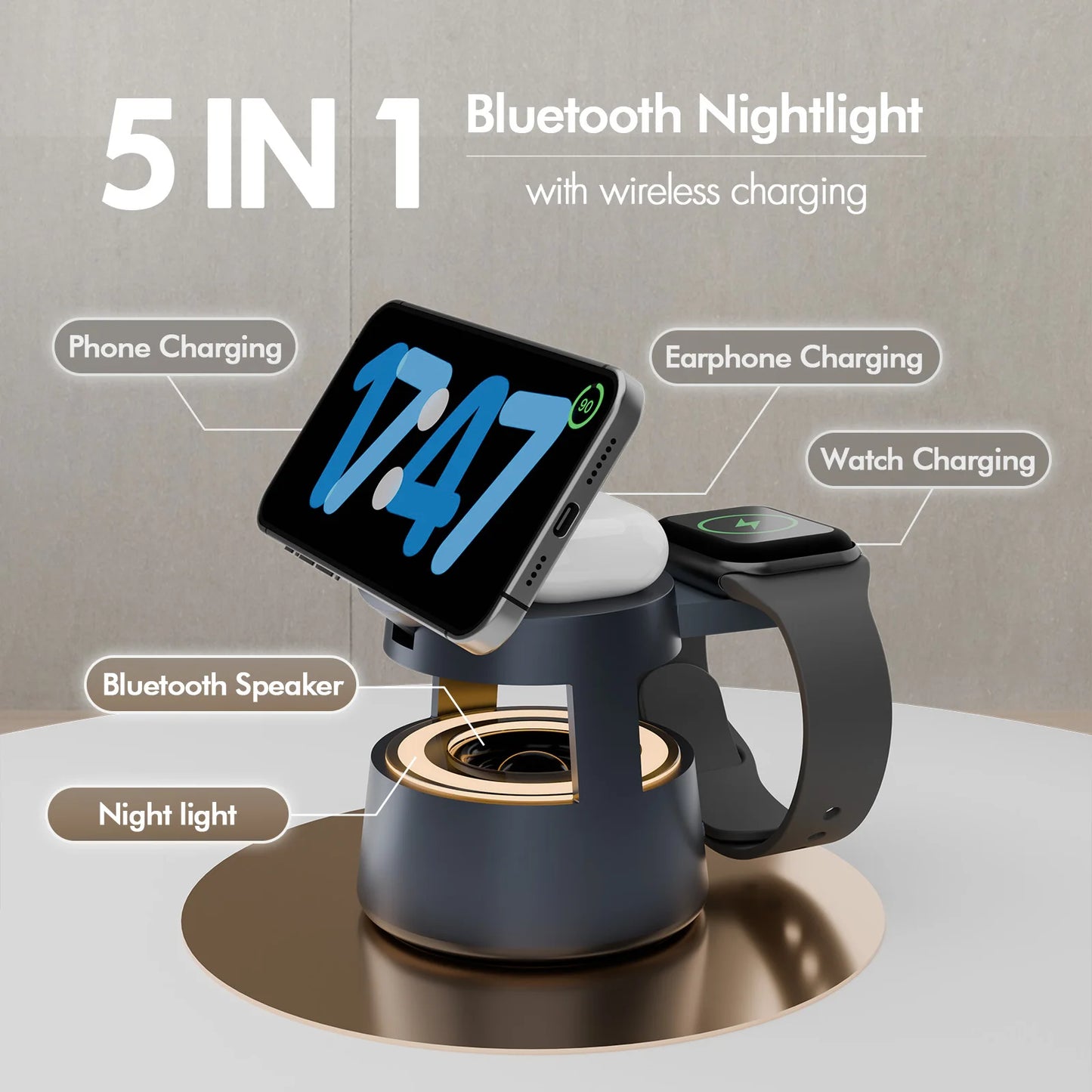 15W Wireless Chargers 5 in 1 Portable Fast Charg Bluetooth Nightlight Travel for IPhone 17 16 15 14 13 12 Apple Watch Airpods