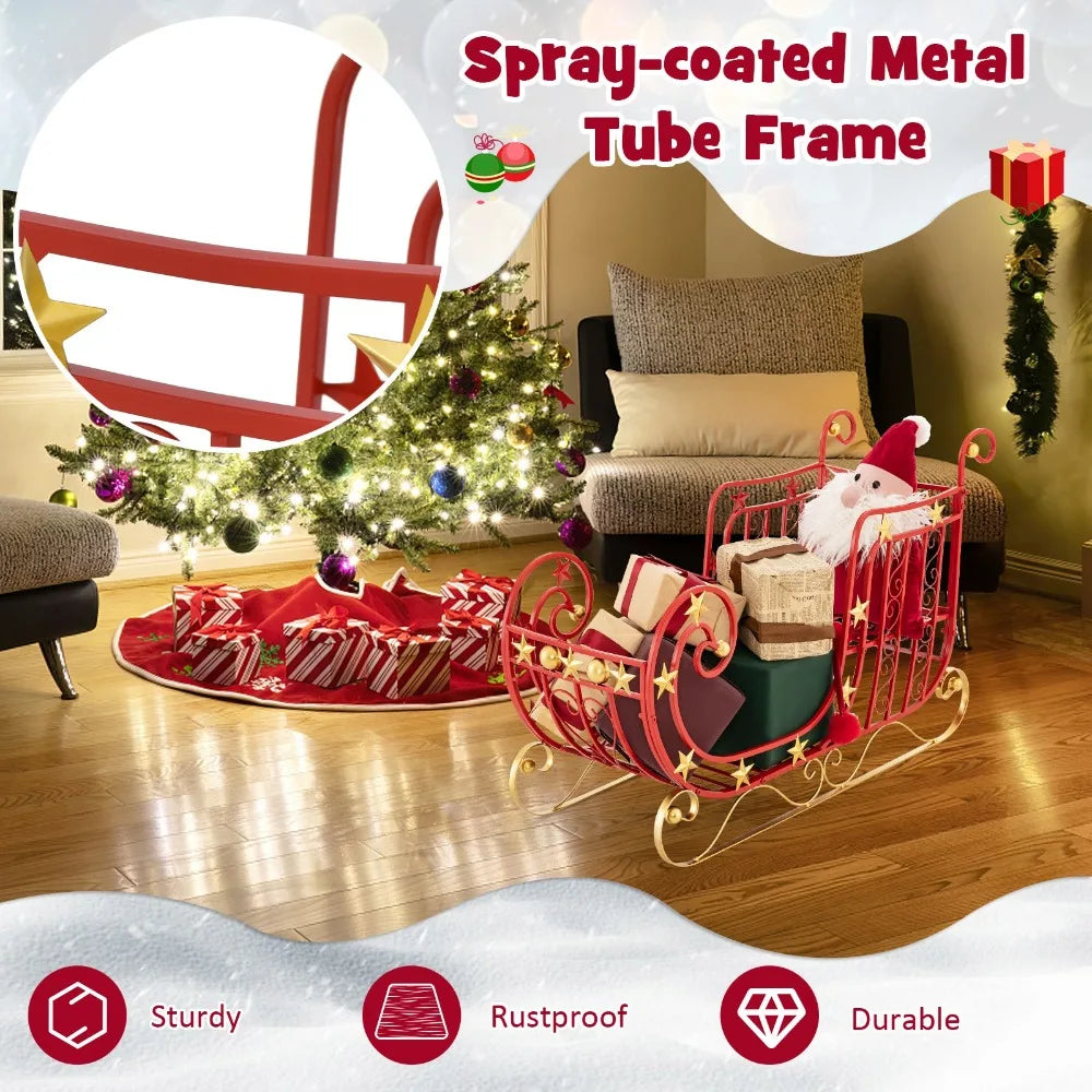 Red Santa Sleigh w/ Large Cargo Area for Gifts Metal Christmas Holiday Decor
