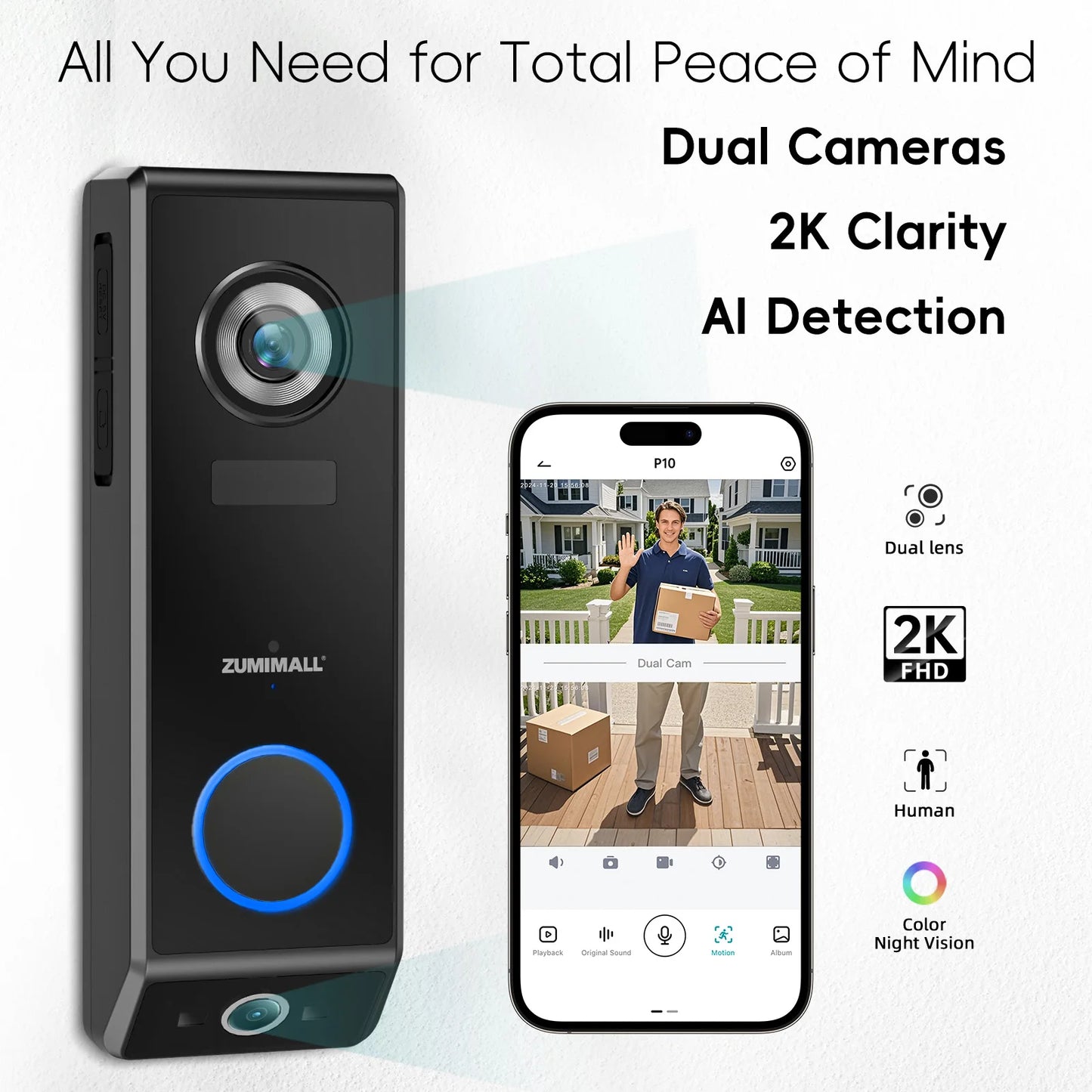 Dual Lens Battery /wired power Doorbell Wireless with Chime,