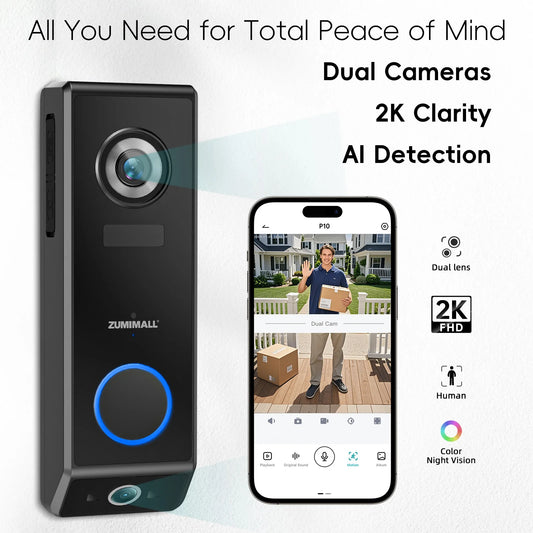 Dual Lens Battery /wired power Doorbell Wireless with Chime,