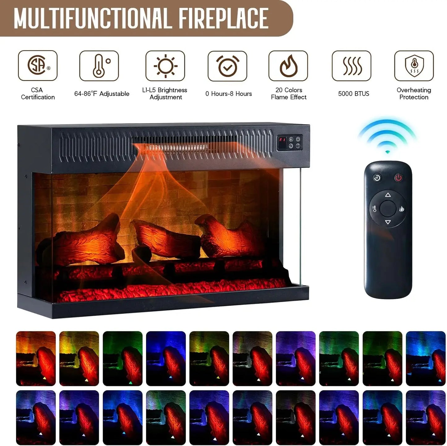 36 inch 3-Sided Glass Fireplace, 75 inch Large TV Console,
