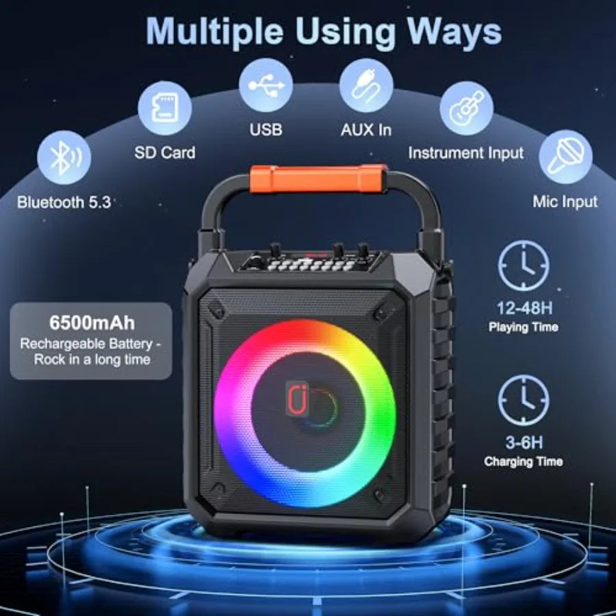 Karaoke Machine for Adults and with 2 Wireless Microphones, Portable Bluetooth Speaker with LED Lights, Supports USB/TF Card/AU