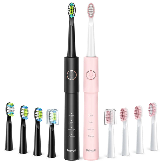 Sonic Electric Toothbrush E11 Waterproof USB Charge With 8 Brush Replacement Heads Black and Pink Set for Couple