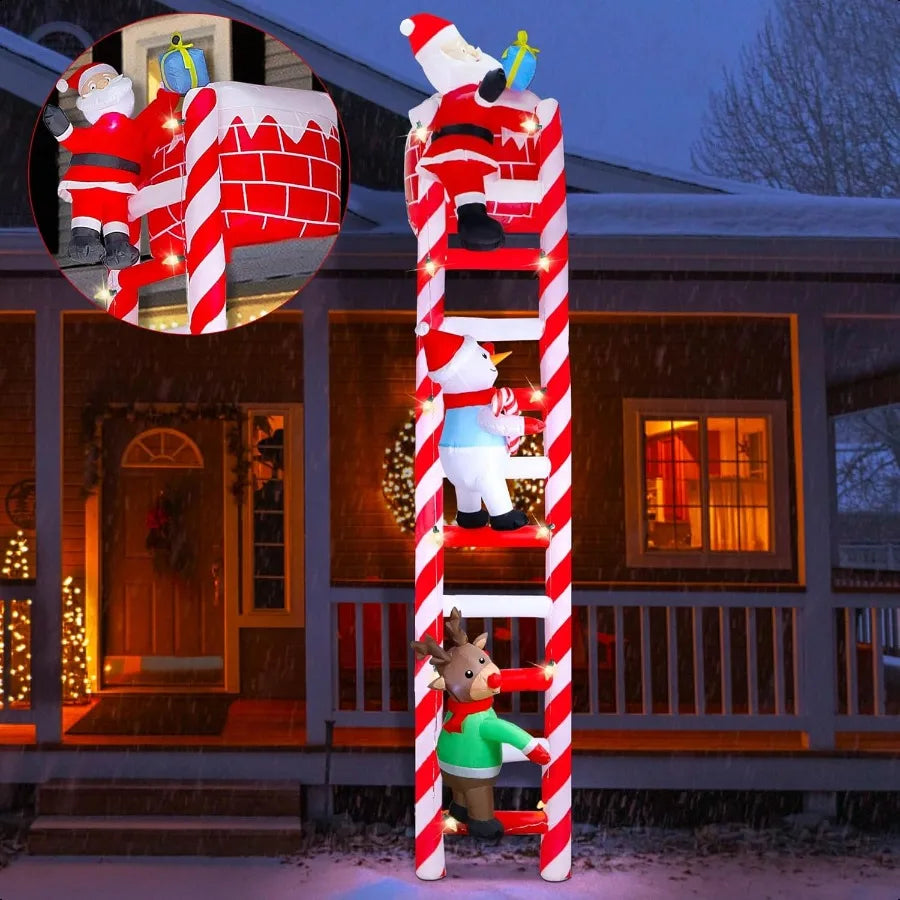 10FT Christmas Iatable Decoration Giant Lighted Ladder to Chimney Climbed with Reindeer