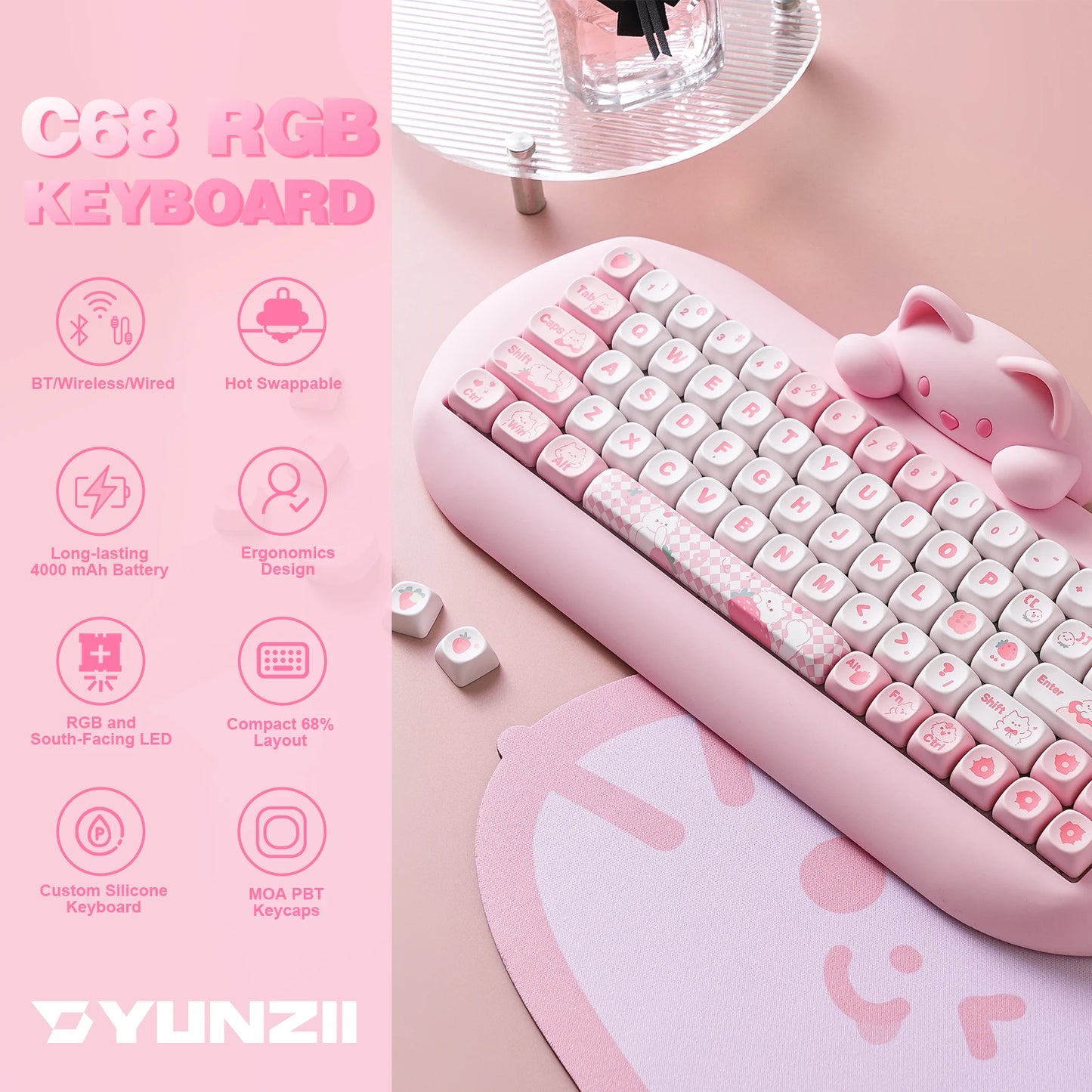 Wireless Gaming Keyboard, Hi-Fi Cute Cat Custom RGB Mechanical Keyboard, Silicone 65% Hot Swap