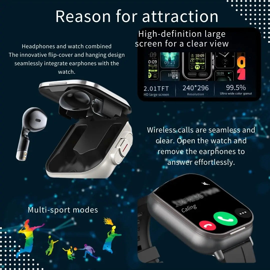2 in 1 Built-in Smartwatch with Earphone Multi-Sport NFC Call Smart Watch with Earbuds Headphone for iPhone Android Smartphone
