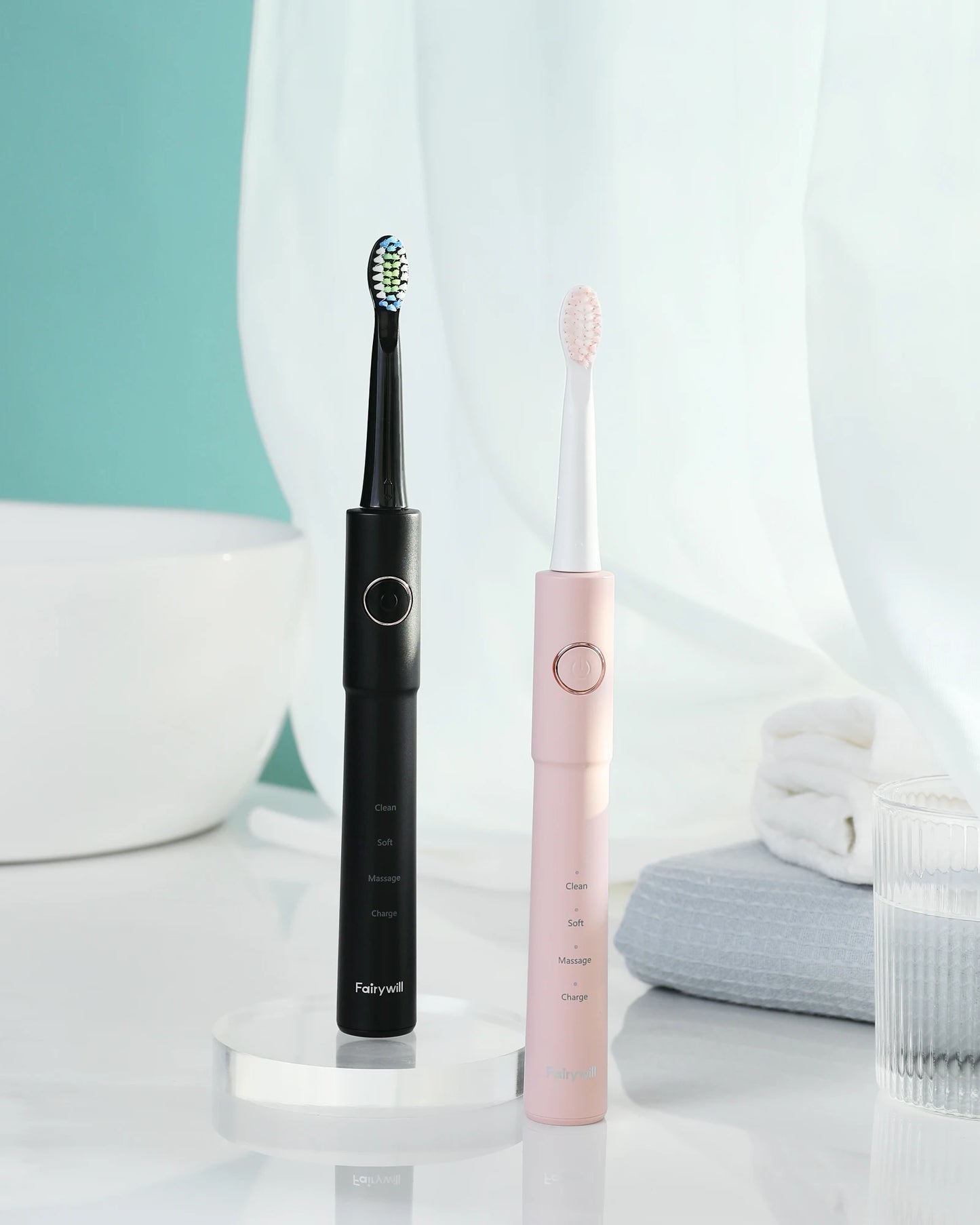 Sonic Electric Toothbrush E11 Waterproof USB Charge With 8 Brush Replacement Heads Black and Pink Set for Couple