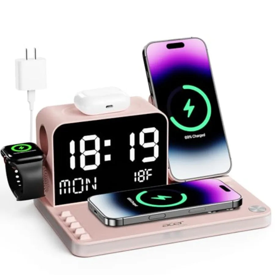 7-in-1 Wireless Charging Station with LED Clock - 30W Fast Wireless Charger for iPhone 16/15/14/13/12/Pro Max Apple Watch AirPo