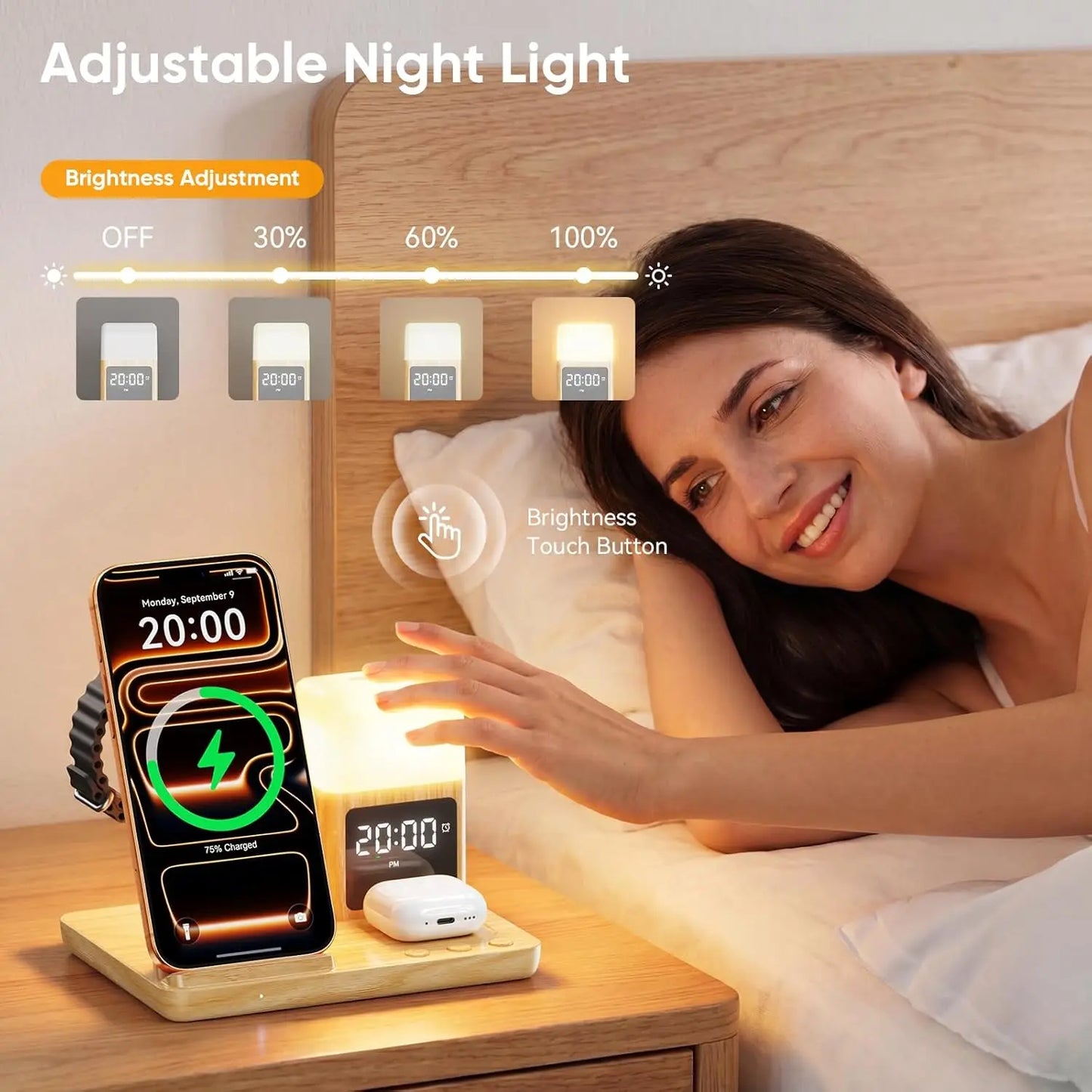 6 in 1 Wireless Charging Station with Clock & Night Light for iPhone, Apple Watch, AirPods