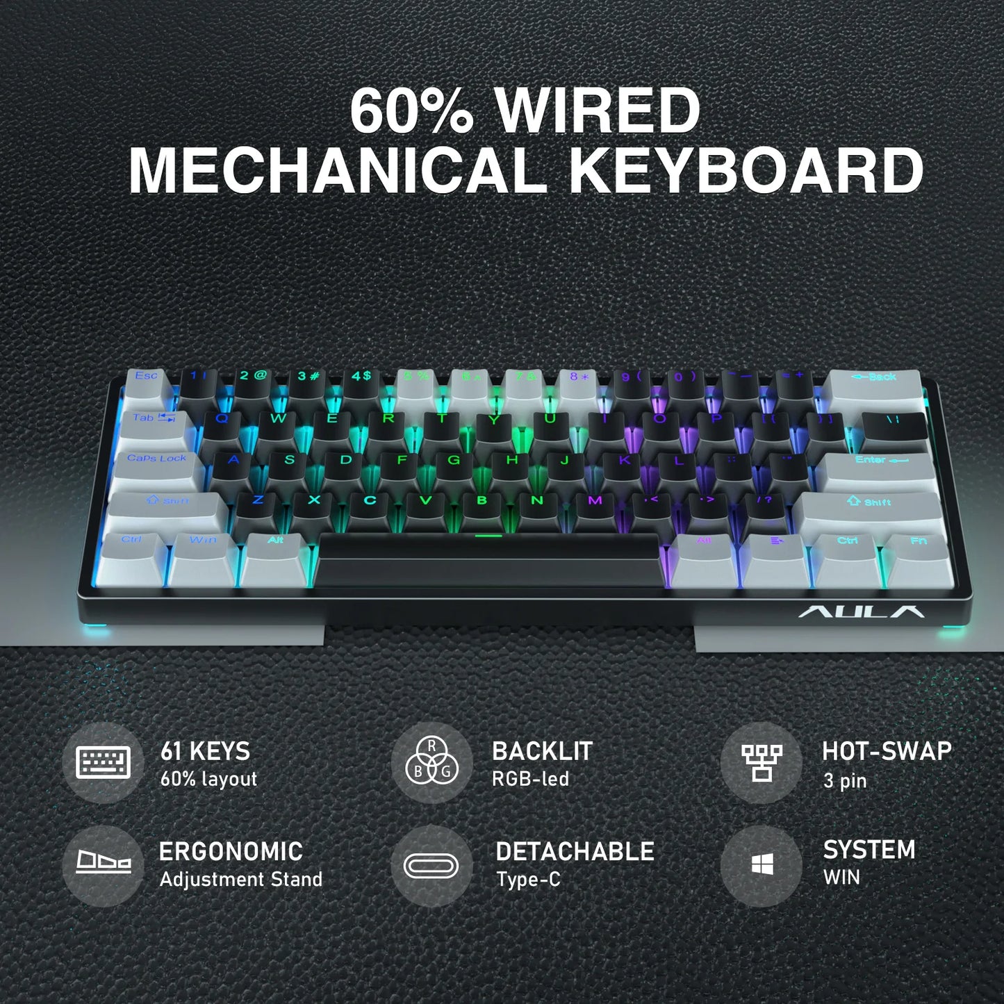 AULA F3261 60% Wired Mechanical Keyboard RGB Backlit 3 Pins Hot-swappable for Laptop PC Tablet