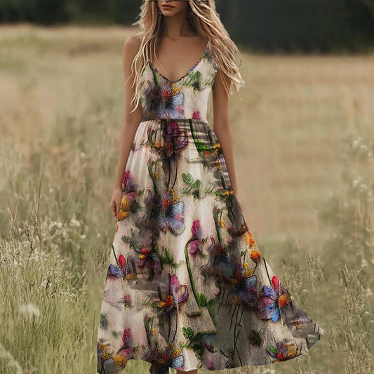 Boho Summer Dresses V Neck Floral Printed Sundresses, Beach Trendy Airy Dresses