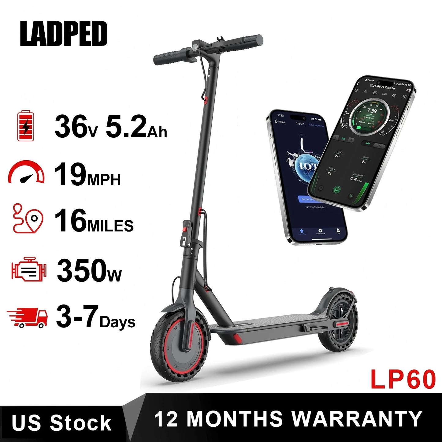 LP60 Electric Scooter 350W 19mph Max Speed 8.5inch tire Folding Electric Scooter 16miles Max Range for Adult